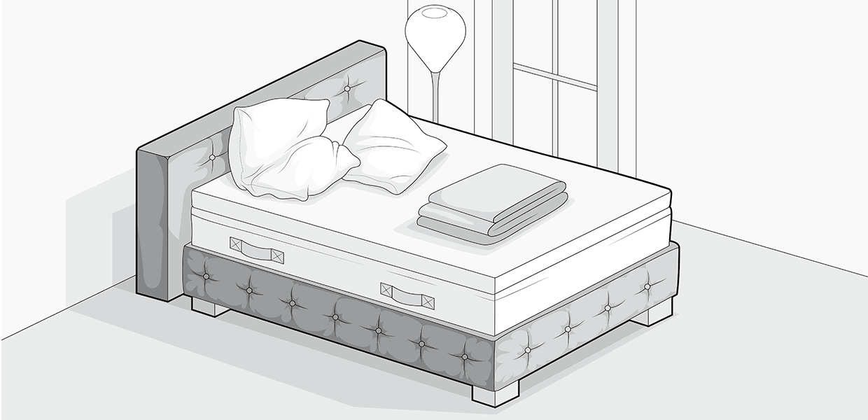 Illustration: Ein Boxspringdoppelbett steht in einem Schlafzimmer.