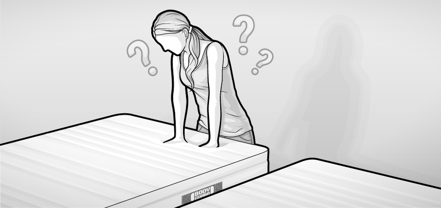 Illustration: Eine Person steht vor zwei BODYGUARD Matratzen und drückt prüfend die Hände in den Kaltschaum.