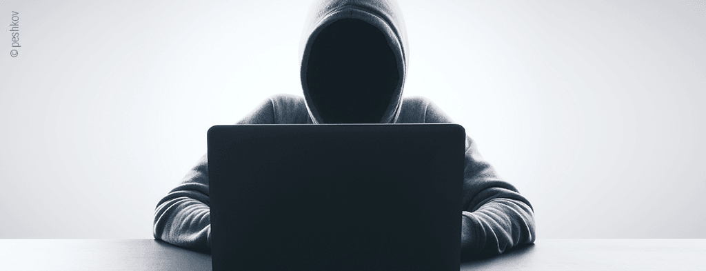 Foto: Eine Person im Kapuzenpullover sitzt hinter einem geöffneten Laptop.