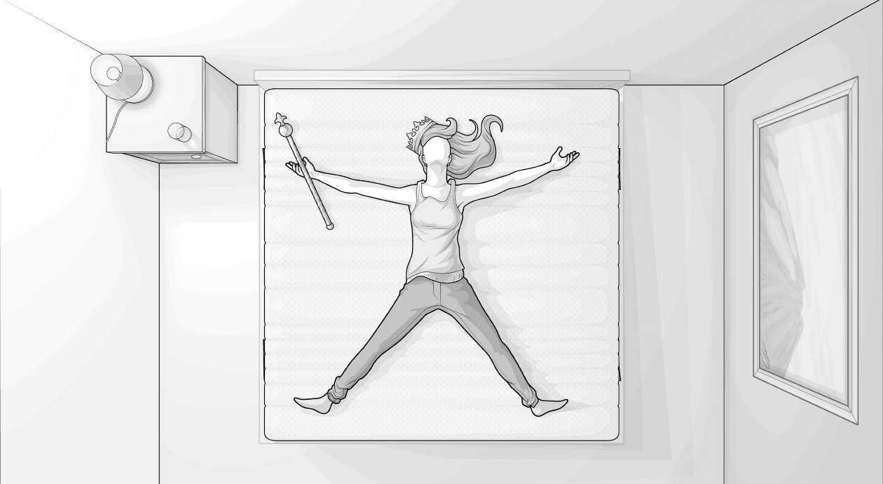 Illustration: Eine Person mit Zepter und Krone liegt ausgestreckt auf einer King-Size Matratze 200x200 cm.