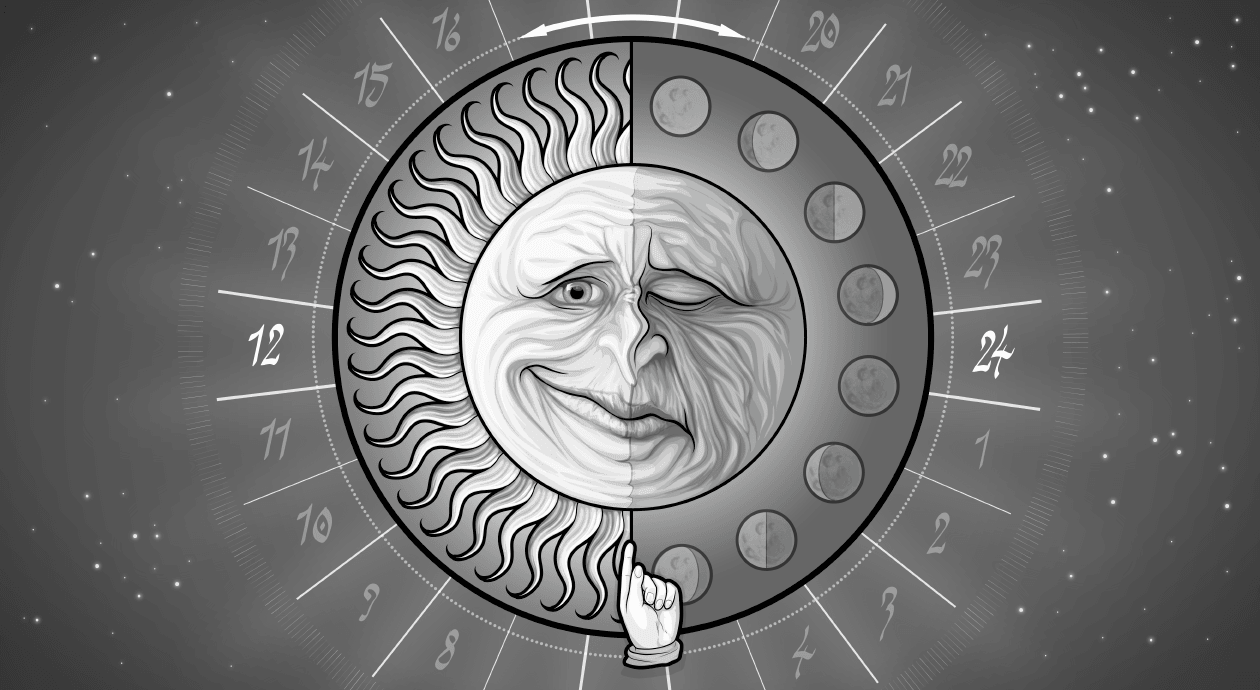 Illustration: Ein Kreis der die Gesichter von Sonne und Mond und zugeschriebene Eigenschaften, wie Lachen und Nachdenklichkeit, hell und dunkel, wach und schlafend in den Gesichtszügen vereint. Drumherum ein Außenkreis mit Strahlen auf einer Hälfte und Mondphasen auf der anderen. Im Hintergrund das Ziffernblatt einer Uhr