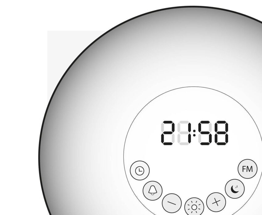 Illustration: Frontalansicht eines Tageslichtweckers mit vielen Funktionen und Schaltern