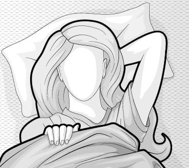 Illustration aus Vogelperspektive: Eine Person liegt in Rückenlage im Bett, ein Arm unter dem Kopf, einer an der Bettdecke.