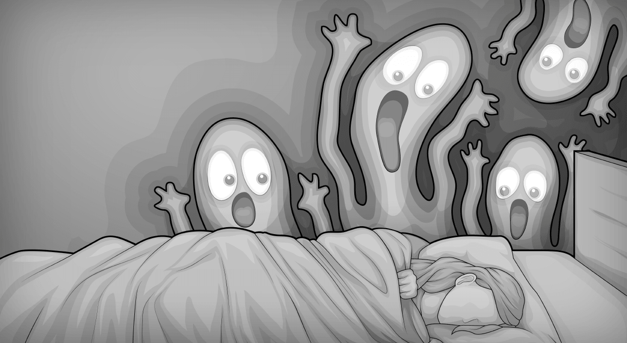Illustration: Eine Person liegt im Bett und schläft; im Hintergrund vier Geister mit großen Augen und offenen Mündern.
