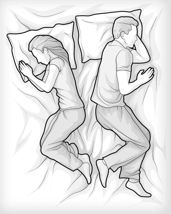 Illustration: Ein Paar schläft mit einigem Abstand zueinander und voneinander abgewandt auf einer Matratze.