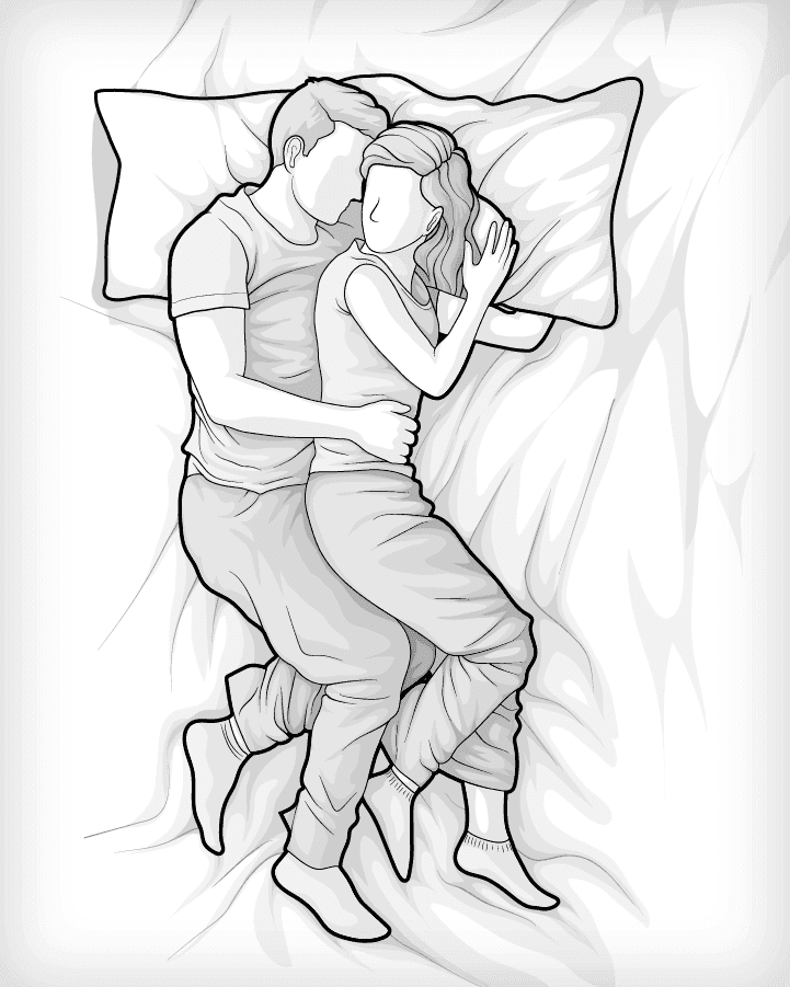 Illustration: Ein Paar liegt in Löffelchen-Position im Bett. Sie umschlingt ihn.