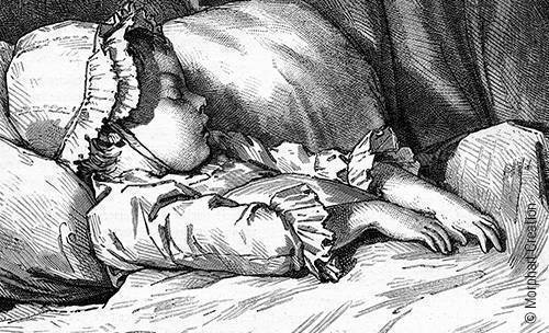 Zeichnung: Ein Kind mit historischer Schlafhaube und Rüschennachthemd schläft in einem großen Bett.