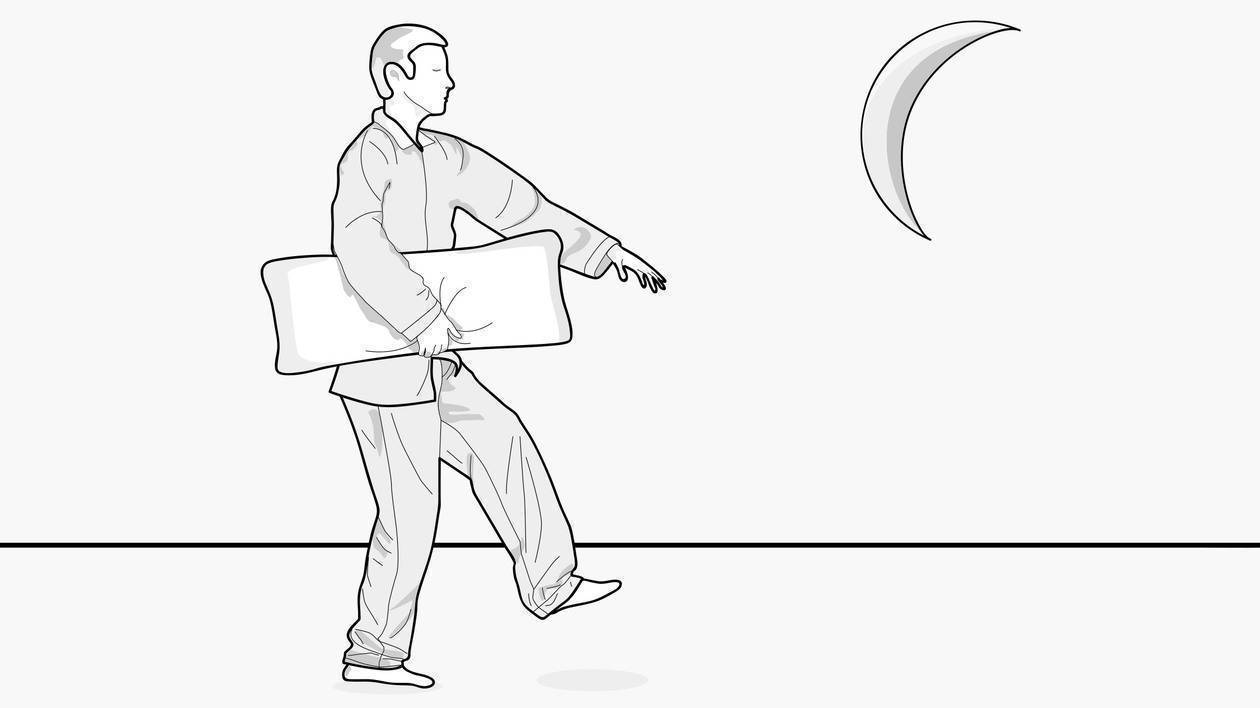Zeichnung: Eine Person in Pyjama schlafwandelt mit einem Kissen unter dem Arm in Richtung Mond.