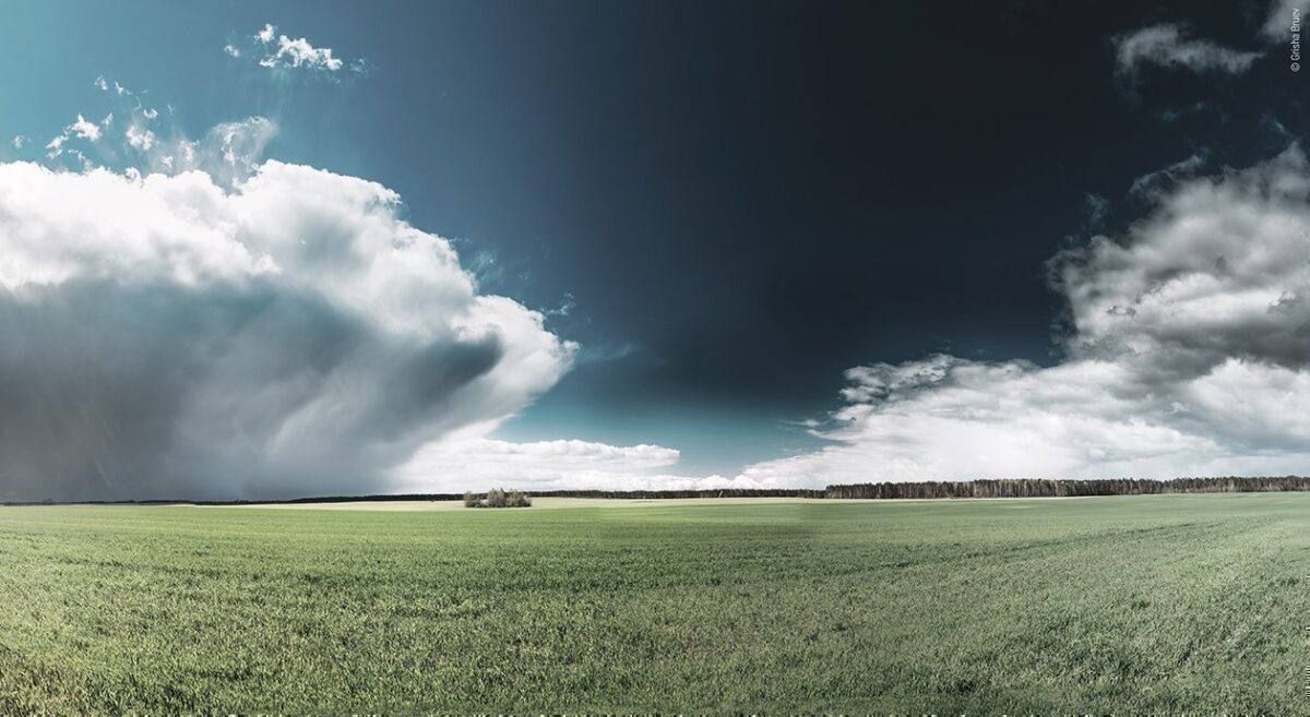 Foto: Ein grünes Feld, darüber ein dramatischer Wolkenhimmel symbolisieren den Siebenschläfer-Tag als Tag der Wettervorhersage.