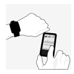 Illustration: Am Handgelänk der einen Hand befindet sich ein schwarzes Armband mit Sensoren. Die anderen Hand bedient ein Smartphone. Auf dem Smartphone sind schematisch dargestellte Messwerte von Körperfunktionen zu sehen.