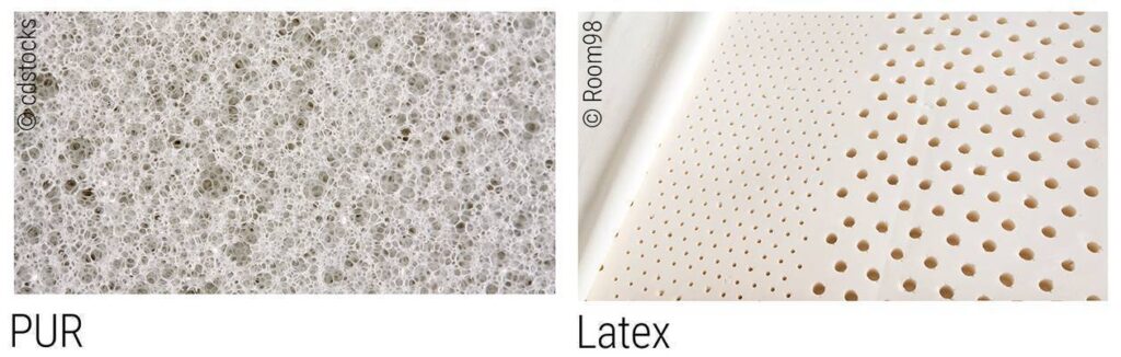 Foto: Detailaufnahmen von feinporigem PUR-Schaum (links) und Latexschaum mit großen Löchern statt Poren.