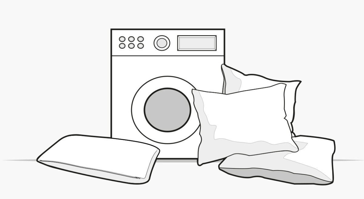 Illustration: Einige Kissen liegen zum Kopfkissen waschen vor einer Waschmaschine