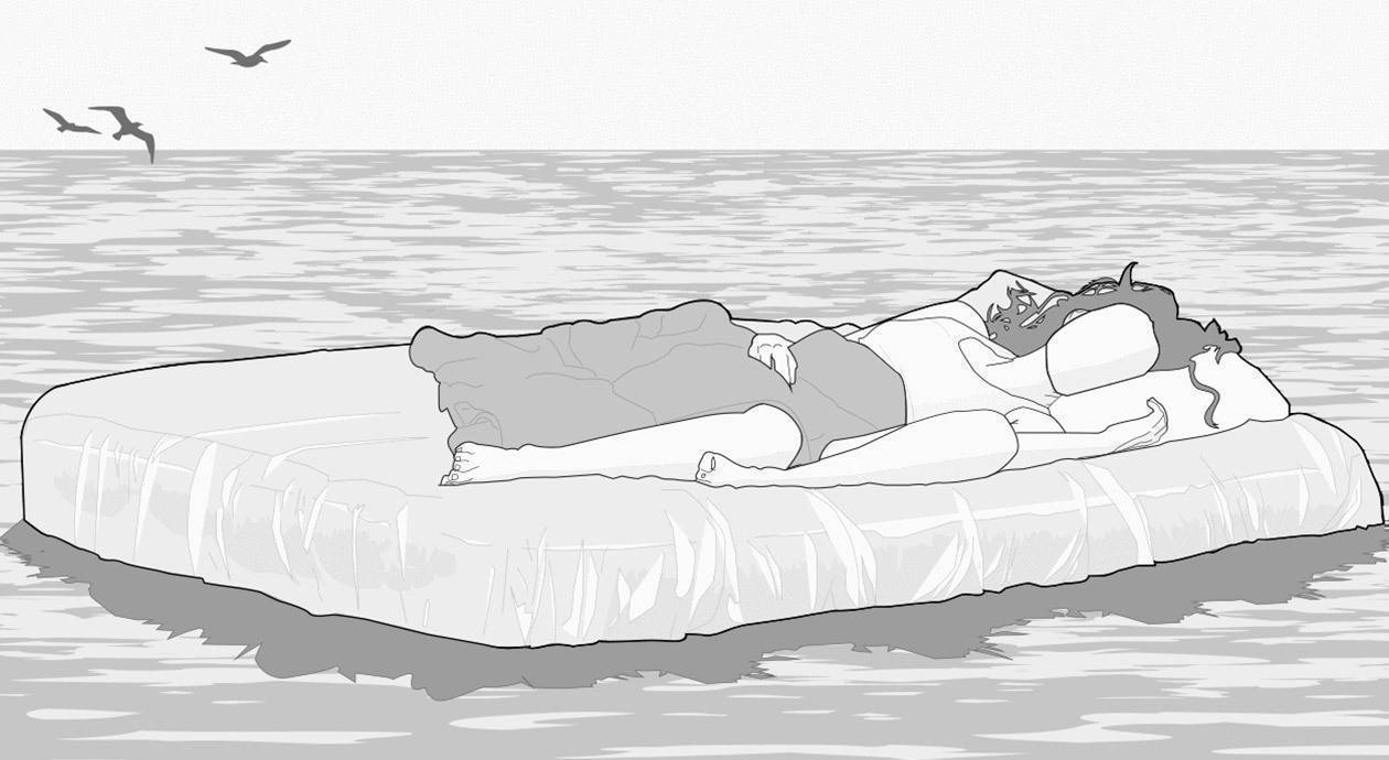 Illustration: Eine Person liegt auf einem Wasserbett, das auf dem Meer schwimmt.