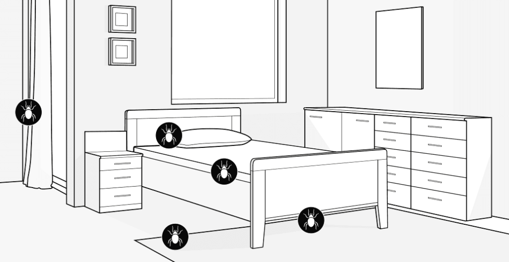 Illustration: Ein Schlafzimmer. Grafiken von Hausstaubmilben kennzeichnen die beliebten Zufluchtsorte der Tiere: Matratze, Vorhänge, Kissen, Teppich und unter dem Bett.