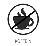 Illustration: Piktogramm einer durchgestrichenen Kaffetasse. Darunter steht das Wort: Koffein.