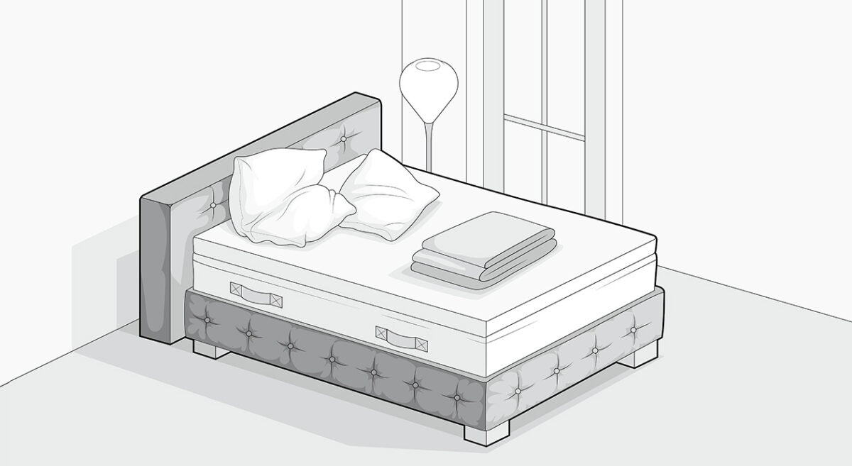 Illustration: Ein Boxspringdoppelbett steht in einem Schlafzimmer.