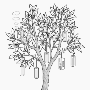 Illustration: Ein Bäumchen an dessen Zweigen gerollte Gutscheine hängen. An einem Zweig hängt der bett1 Gutschein in einen kleinen BODYGUARD Matratzenkarton verpackt.