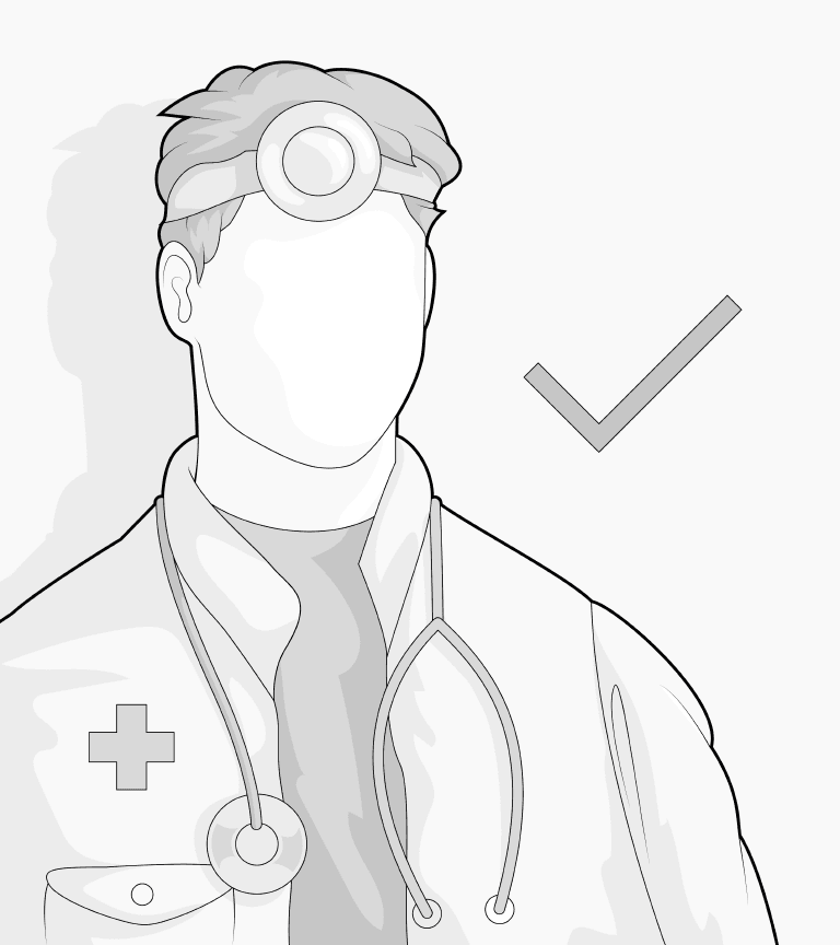 alt="Illustration: Portrait eines Arztes, mit Stirnspiegel, Stethoskop und Kittel.