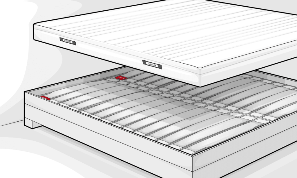 Illustration: Ein Doppelbett mit zwei Lattenrost 100x200, darüber schwebt eine BODYGUARD Matratze