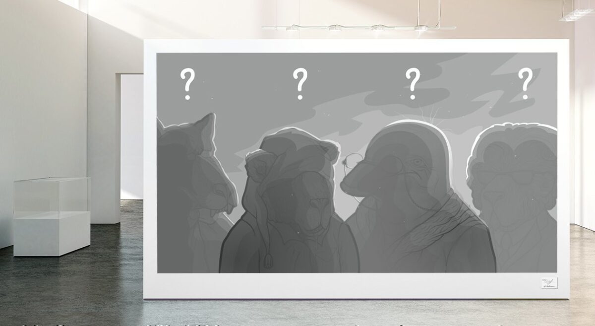 Illustration: Vier schattenhafte Silhouetten mit Fragezeichen über dem Kopf sind in einem Bilderrahmen zu sehen.