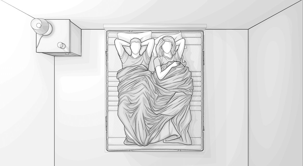Illustration: Ein Schlafzimmer aus Vogelperspektive. Ein Paar liegt nebeneinander auf einem Topper 160x200 cm.
