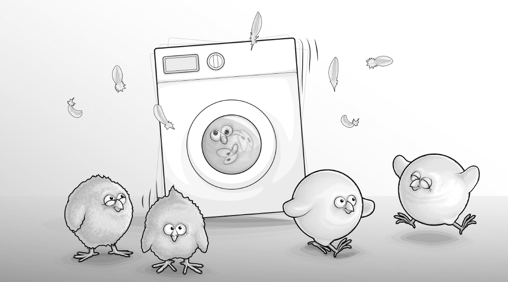 Illustration: Eine Waschmaschine im Schleudergang; darin ein kartooniertes Kücken, vier weitere gut gelaunt vor der Maschine.