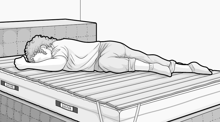 Illustration: Auf einem Boxspringbett 120x200 cm liegt eine BODYGUARD Matratze 120x200 cm gekrönt mit einem BODYGUARD Topper 120x200 cm. Darauf schläft entspannt eine Person.