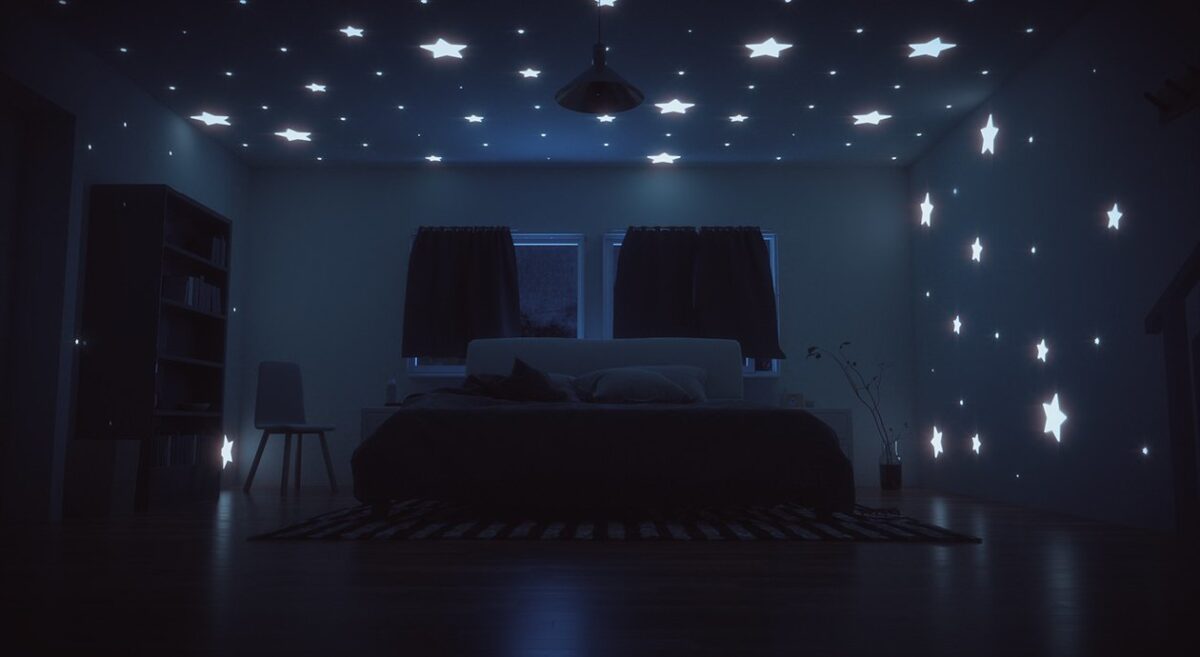 Foto: ein dunkles Schlafzimmer mit an die Decke und Wände projizierten Sternen