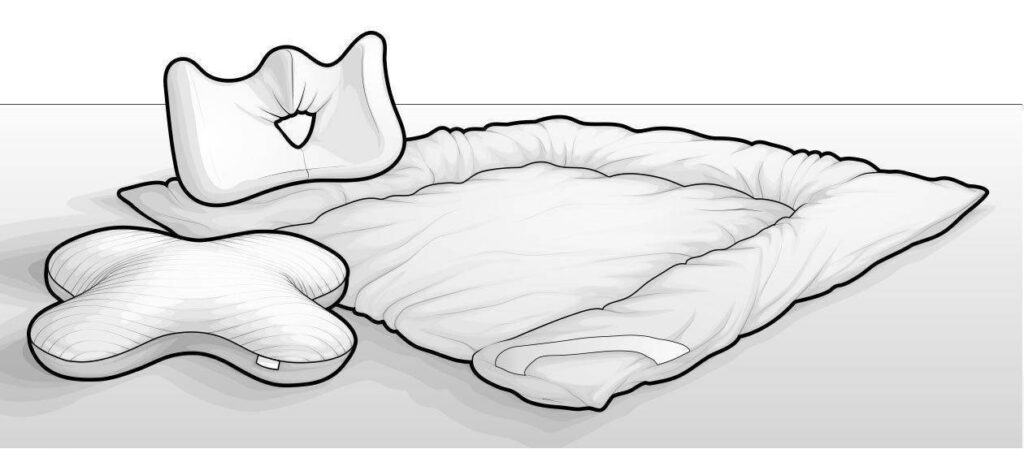 Illustration der drei häufigsten Arten von Bauchschläferkissen: Ein sternförmiges Bauchschläferkissen, ein ergonimisch geformtes mit mittigem Atemloch und ein e Bauchschläferdecke mit erhöhtem Rand für Kinder.