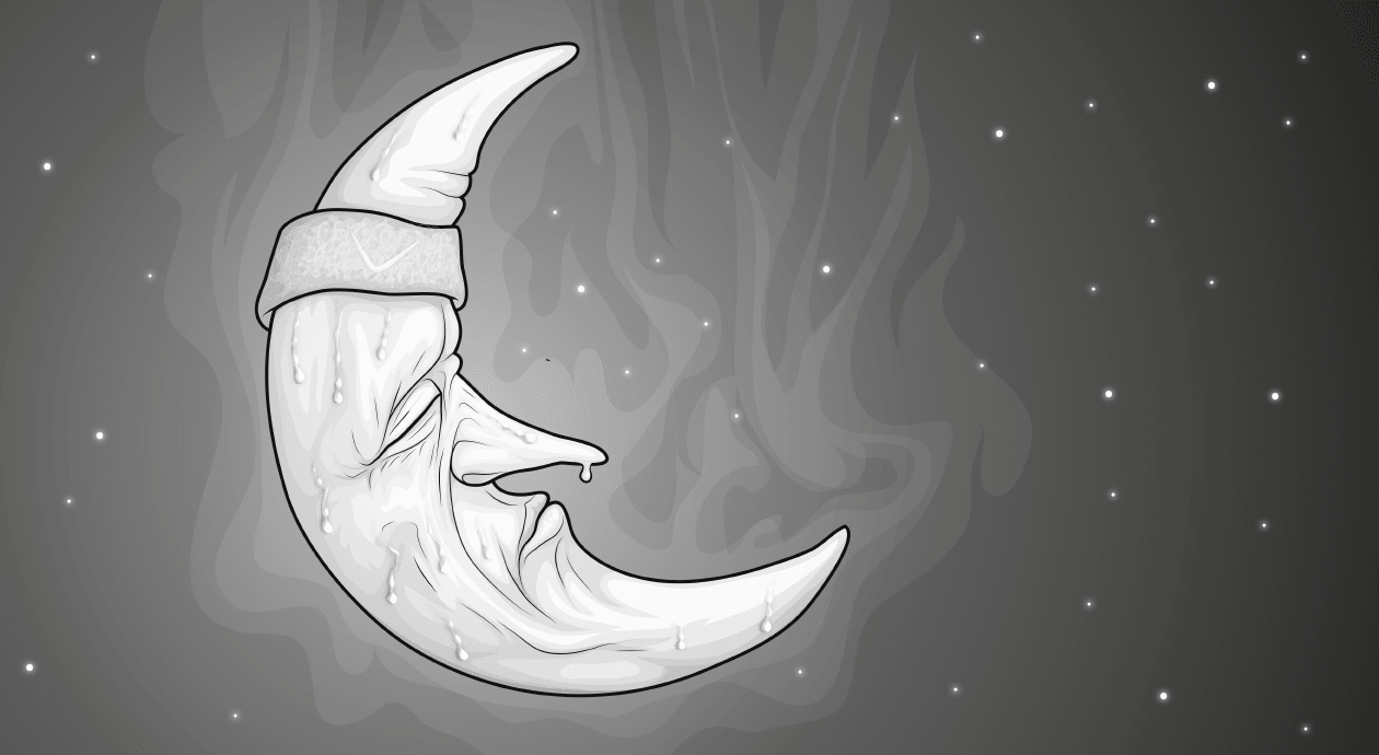 Illustration: Einem dampfenden Sichelmond mit Schlafmütze laufen die Schweißperlen herunter.