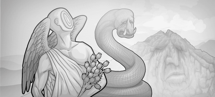 Illustration der Oneiroi, dem Schwarm der Traumgötter: Links eine geflügelte Gestalt, deren Gesicht ein Strudel ist, daneben eine Schlange mit Eberzähnen und rechts ein Gebirge mit Gesicht.