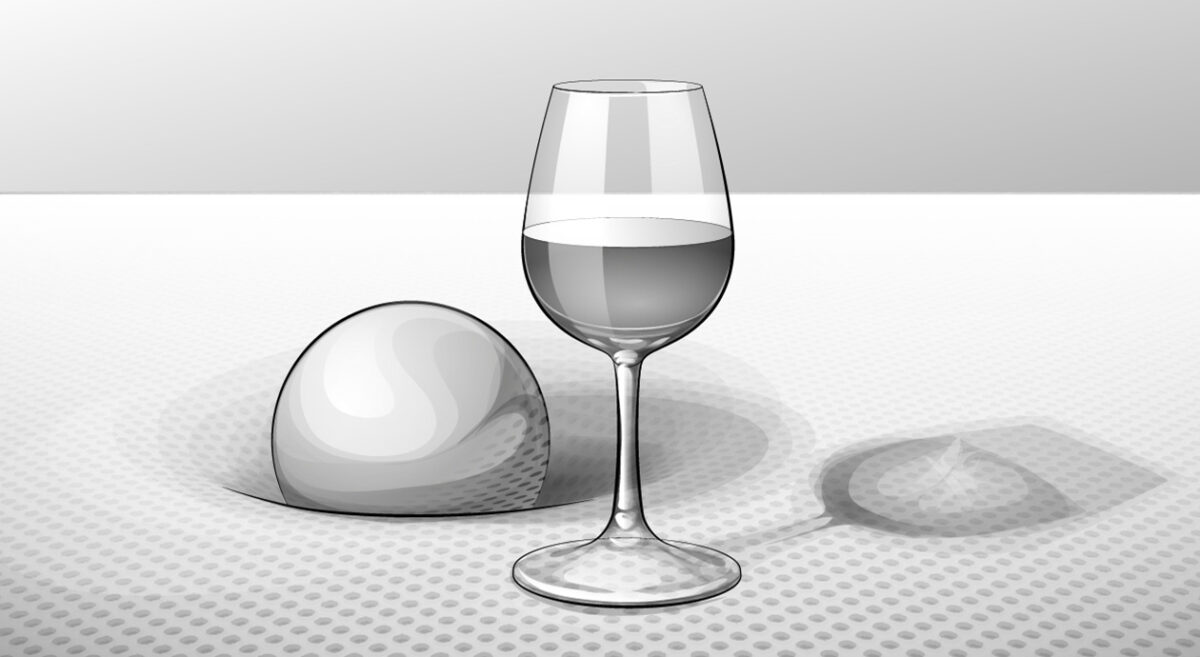 Illustration: Ein gefülltes Weinglas steht auf der Oberfläche der BODYGUARD® Matratze; neben dem Glas drückt eine Kugel in die Oberfläche.