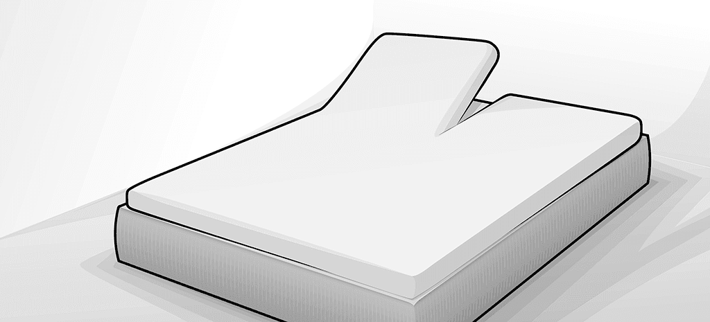 Illustration: Ein Bett bezogen mit einem Split-Topper und Split-Topperspannbettlaken. Das Kopfteil der linken Betthälfte ist hochgestellt, die rechte Bettseite ist komplett waagerecht.