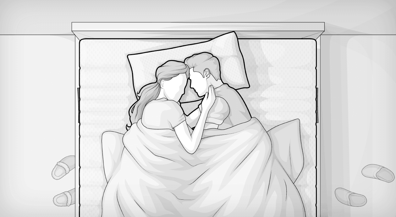 Illustration: Von oben sieht man ein Ehebett in einem Schlafzimmer stehen. Ein Ehepaar kuschelt im Bett