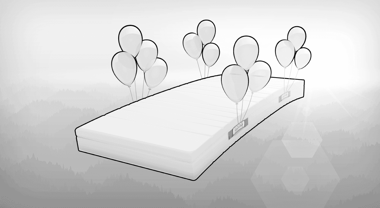 Illustration: Mehrere Luftballons tragen eine BODYGUARD Matratze mit leichtem Raumgewicht. Die Matratze schwebt hoch in der Luft.