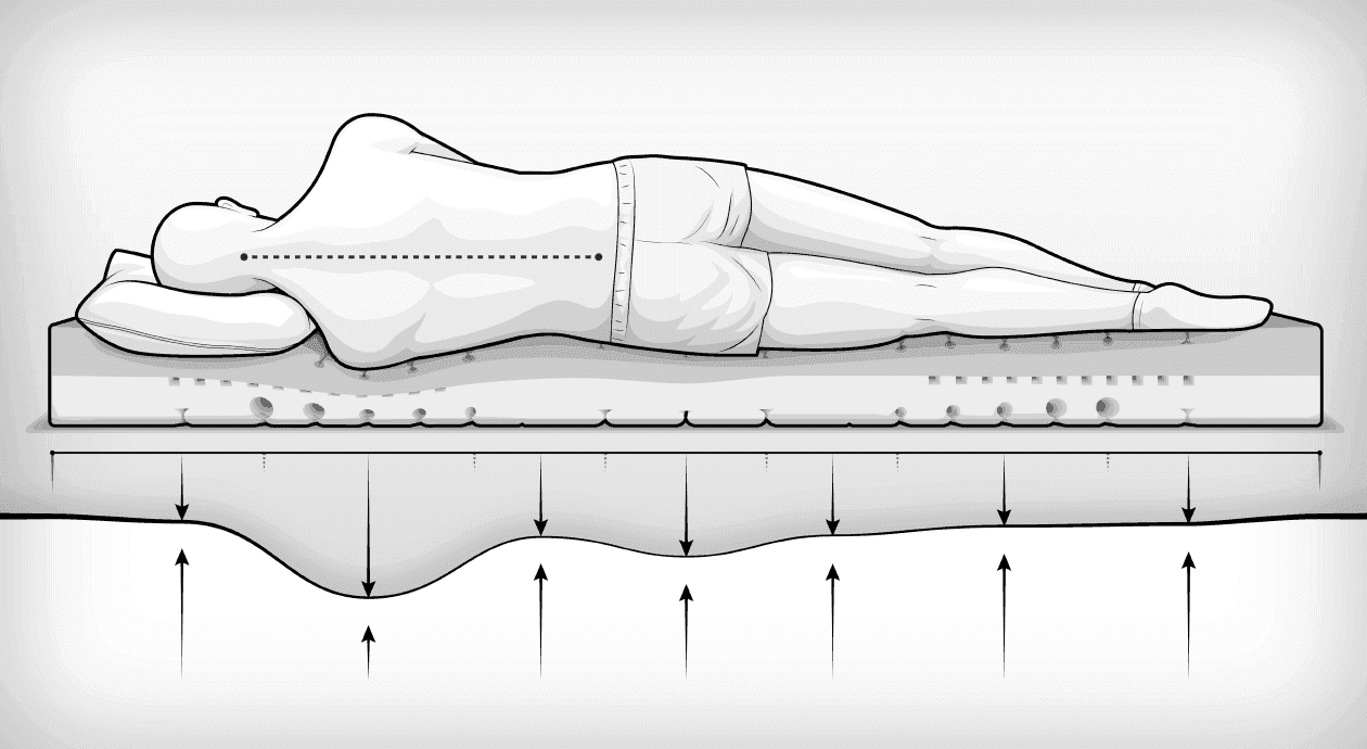 Illustration: Auf dem Matratzenkern der BODYGUARD Matratze liegt eine Person in Seitenlage mit dem Rücken zugewandt; eine Linie symbolisiert die gerade Wirbelsäule und somit die Ergonomie der Matratze.