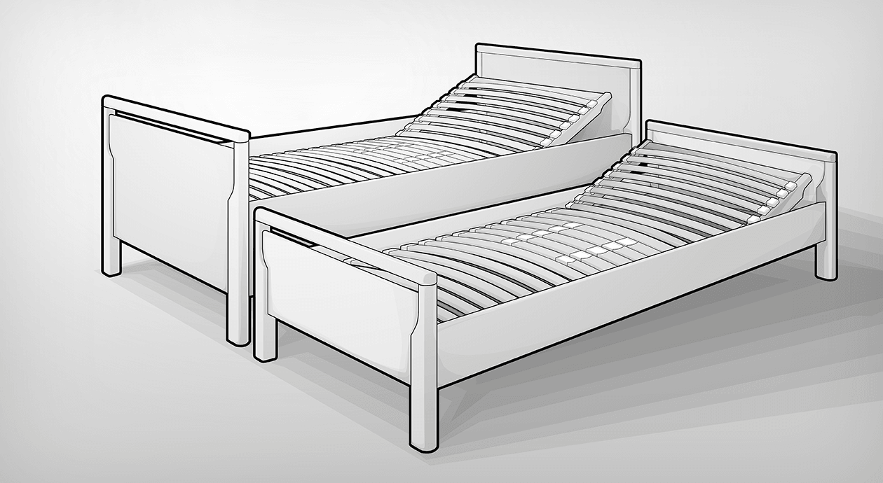 Illustration: Neben einem Bett in Standardhöhe steht ein Seniorenbett mit Komforthöhe.
