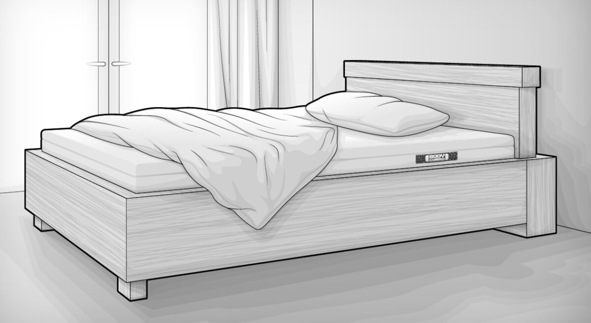 Illustration: Ein klassisches Bett samt Kissen und Decke. Die Decke ist leicht aufgeschlagen.