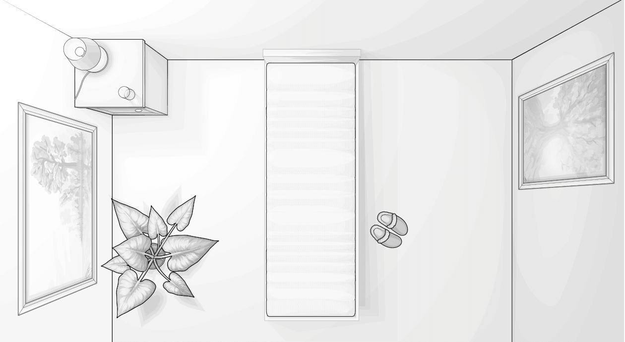Illustration: BODYGUARD® Matratze 70x200 cm auf einem Bett im eingerichten Zimmer aus der Vogelperspektive.