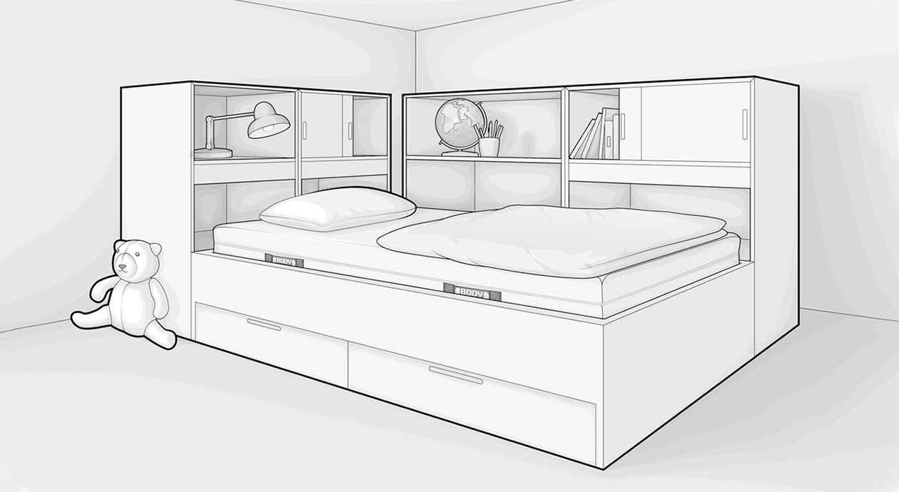 Illustration: Ein Jugendbett mit viel Stauraummöglichkeiten steht in der Raumecke: Schubladen unterm Bett, Regale am Kopfende und an der Seite.