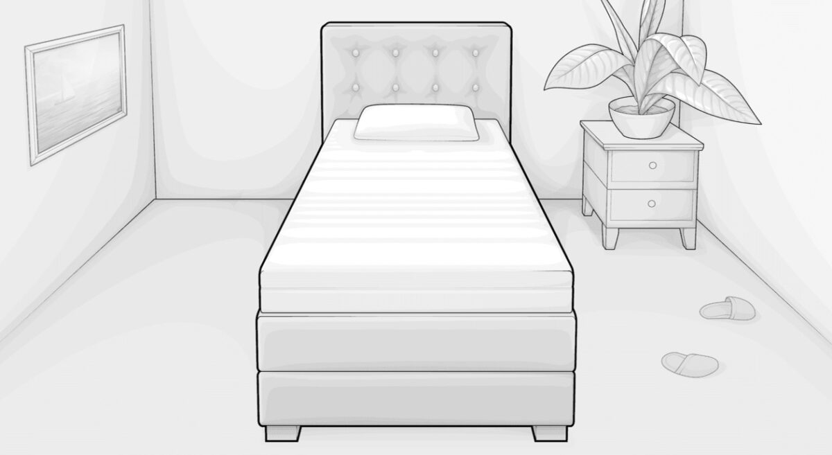 Illustration: Boxspringbett 120x200 cm steht in einem eingerichteten Schlafzimmer.
