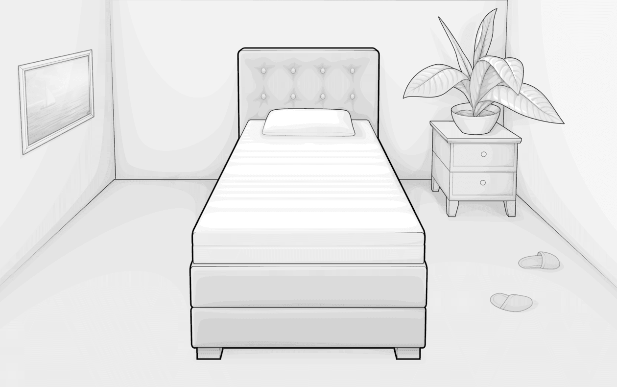 Illustration: Boxspringbett 120x200 cm steht in einem eingerichteten Schlafzimmer.