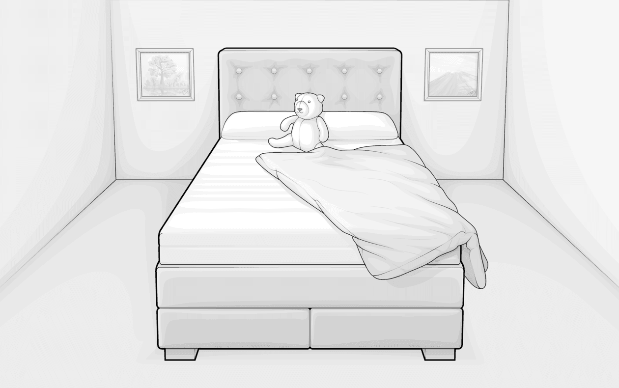 Illustration: Boxspringbett 160x200 cm steht in einem Zimmer, darauf sitzt ein Teddy.