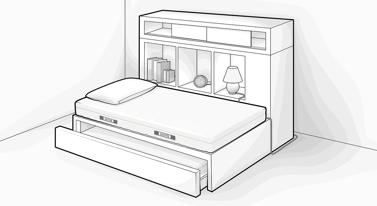 Illustration: Ein Funktionsbett mit Schränken und Regalen und einer weiteren Liegefläche, die leicht hervorgeschoben ist.