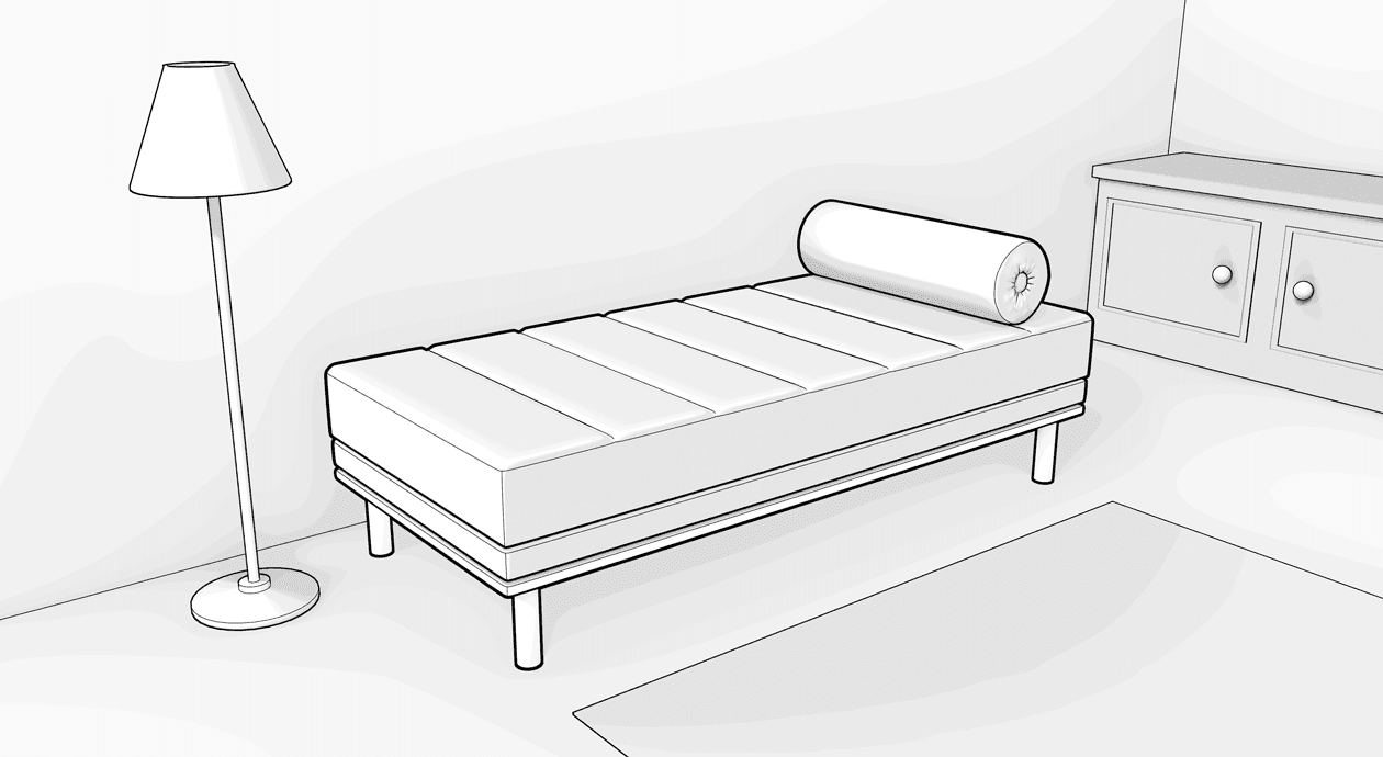 Illustration: Ein Tagesbett mit rundem Nackenkissen