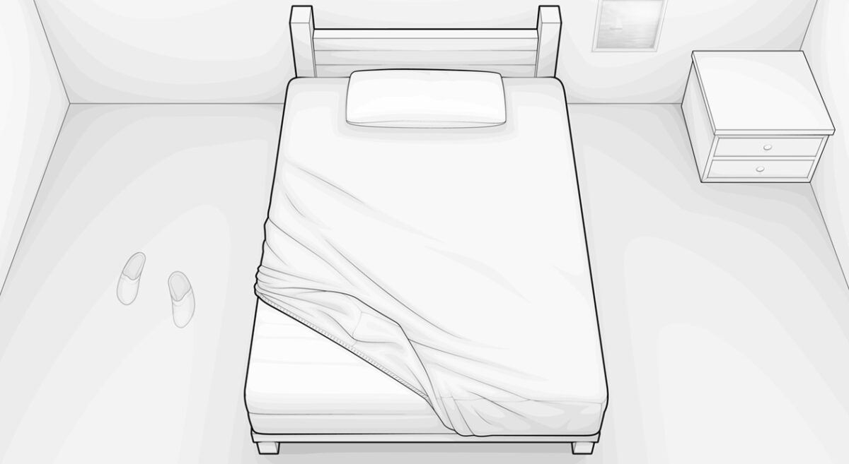 Illustration: Ein Bett überzogen mit Spannbettlaken aus der Vogelperspektive