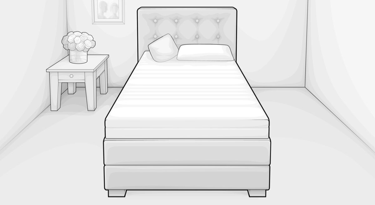 Illustration: Ein Boxspringbett 140x200 cm in einem kleinen Schlafzimmer; links daneben ein Bild an der Wand und ein Nachttisch samt Blumenstrauß.
