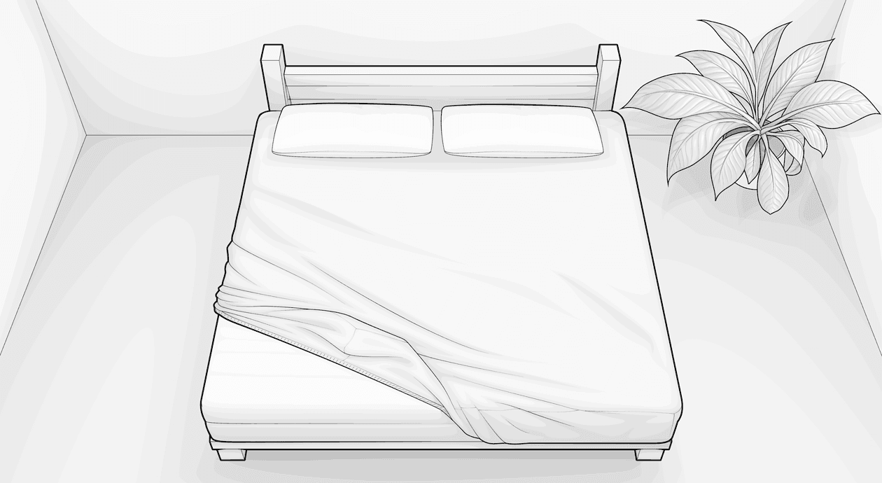 Illustration: Ein Doppelbett in einem spärlich eingerichteten Schlafzimmer; darauf ein Spannbettlaken 180x200 cm, das an der linken unteren Ecke nicht über die Matratze gezogen ist.