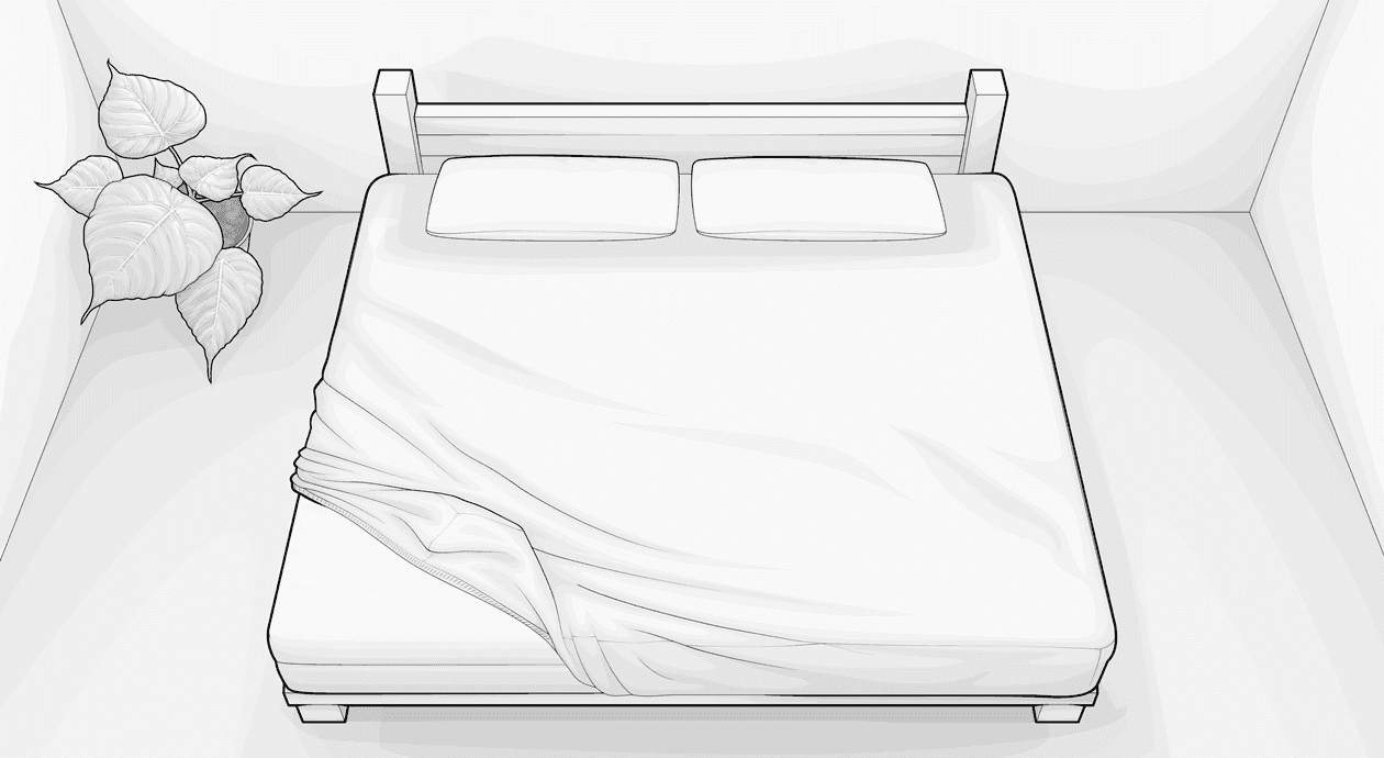 Illustration: Ein Doppelbett in einem spärlich eingerichteten Schlafzimmer; darauf ein Spannbettlaken 200x200 cm, das an der linken unteren Ecke nicht über die Matratze gezogen ist.