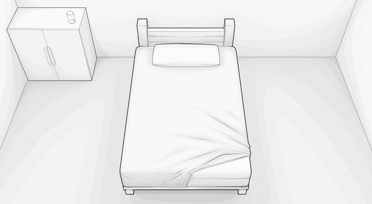 Illustration: Vogelperspektive auf ein Bett, das bis auf eine Ecke vollständig mit einem Spannbettlaken 120x200 überzogen ist.